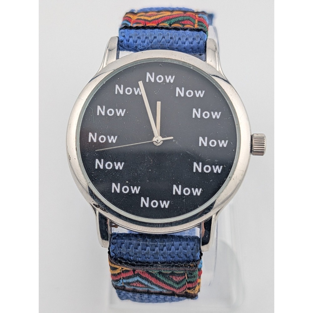"NOW" Is The Time Unisex Watch 42mm Case Blue Nylon Band- New Battery